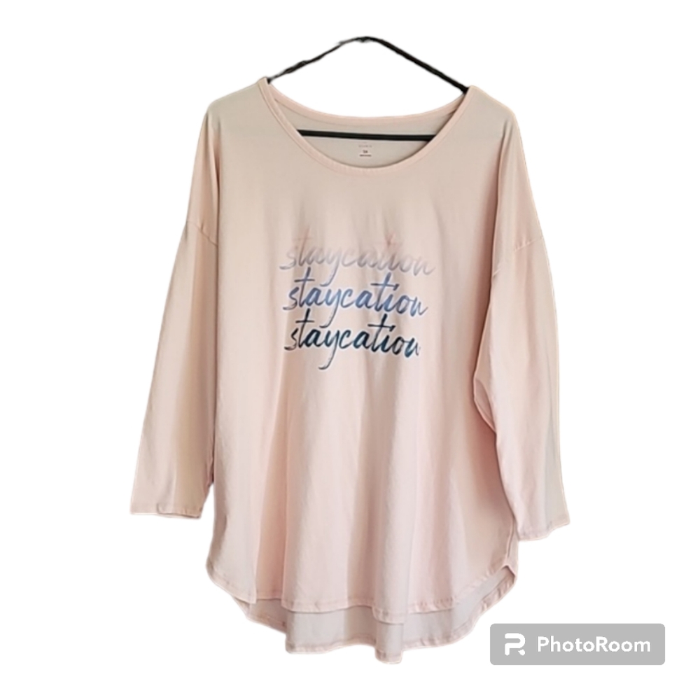 ND t-shirt "staycation" on front pale pink-peach womens 3/4 sleeve